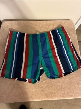 Izod Men's XL Multicolor Vertical-Stripe Swim Trunks — Blue, Green & Red